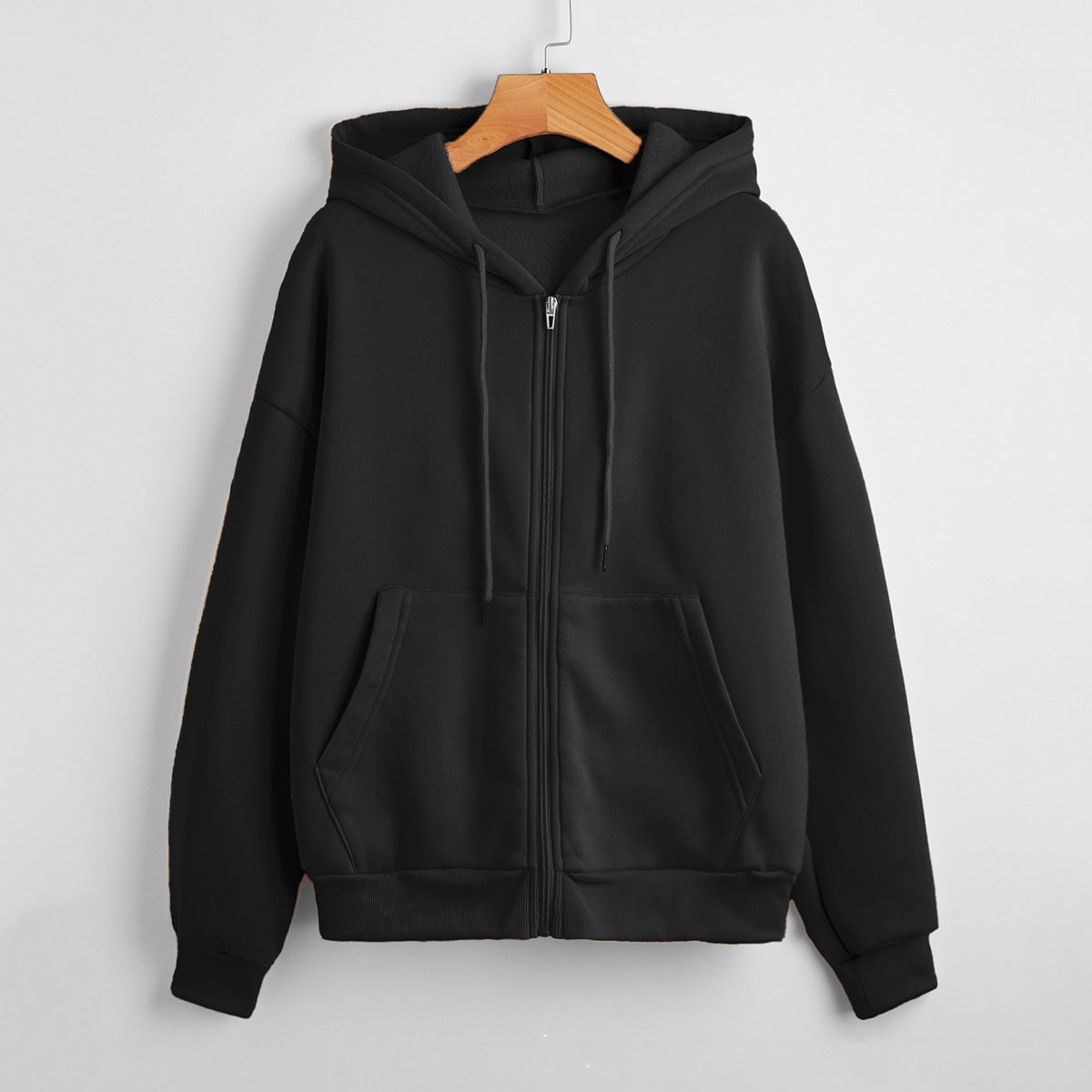 Sweater til kvinder med hætte, ensfarvet, lynlås, løstsiddende, foret frakke