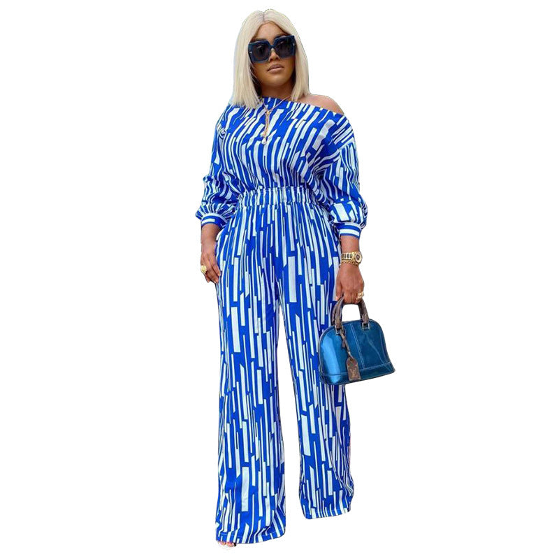 Printed Slant-Neckline Long-Sleeve Loose Casual Set