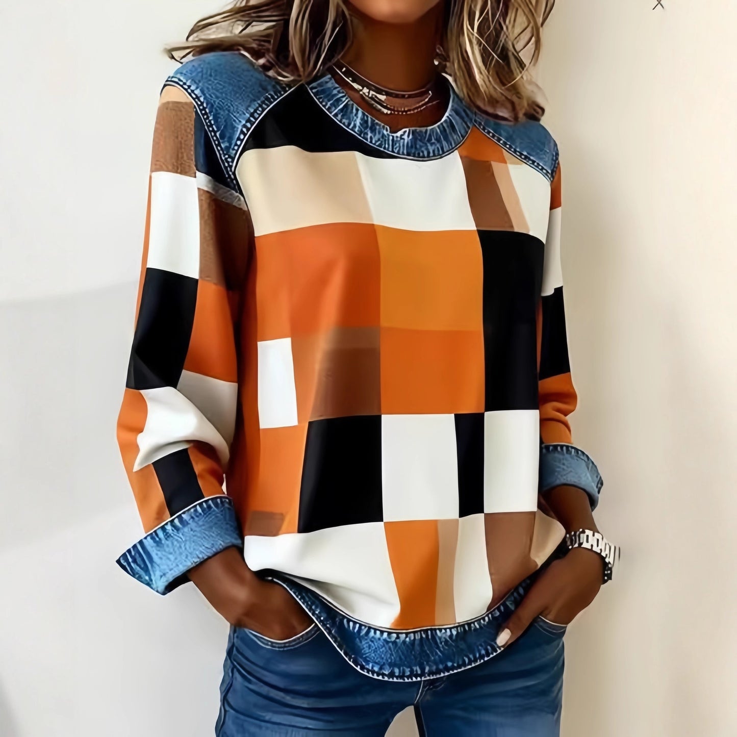 Denim Patchwork Sweatshirt Fashion Unique Crewneck Pullover Long-sleeved Shirt Top Women's Clothing