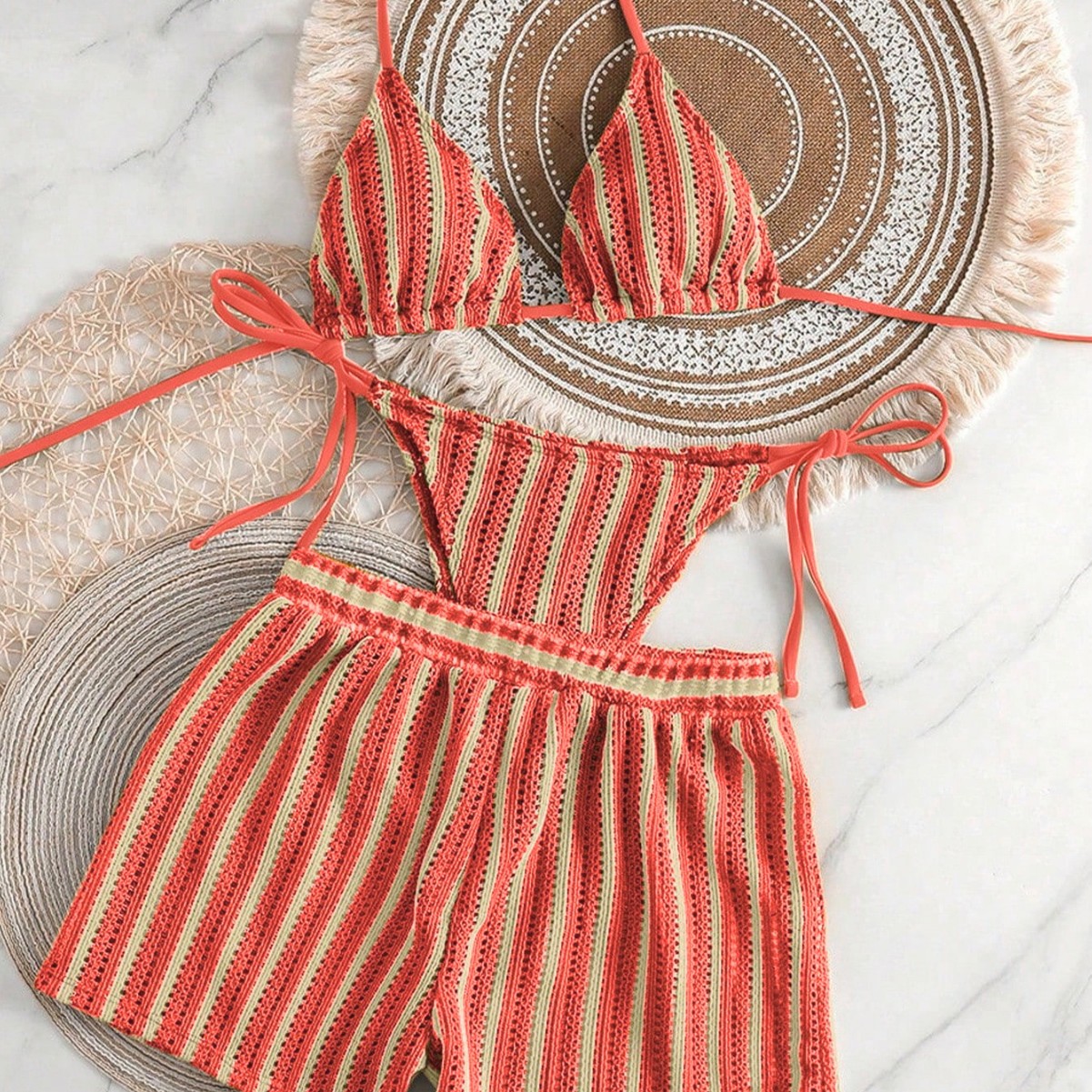 Womens Sexy Woven Bohemian Bikini Three-Piece Set