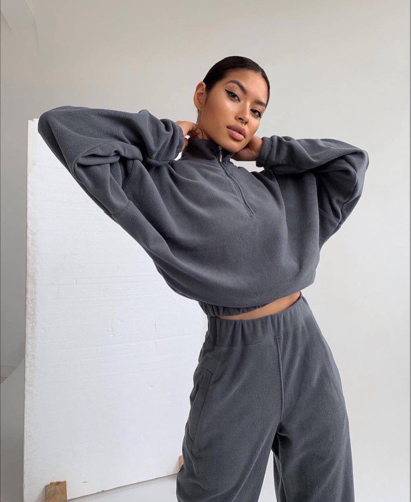 Fashion High Collar Leisure Fleece Sweater Suit