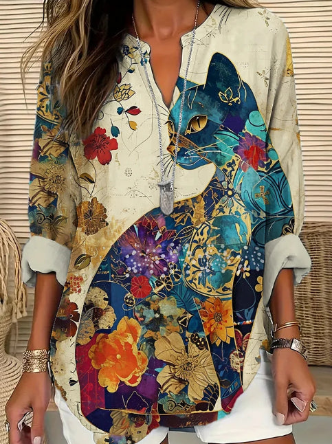 Women's Cat Pattern Vintage Floral Art Linen Long Sleeve Shirt