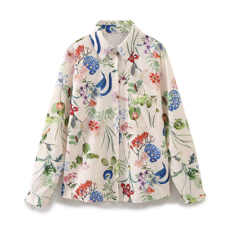 Kvinders Casual Hipster Skjorte i Satin med Blomsterprint