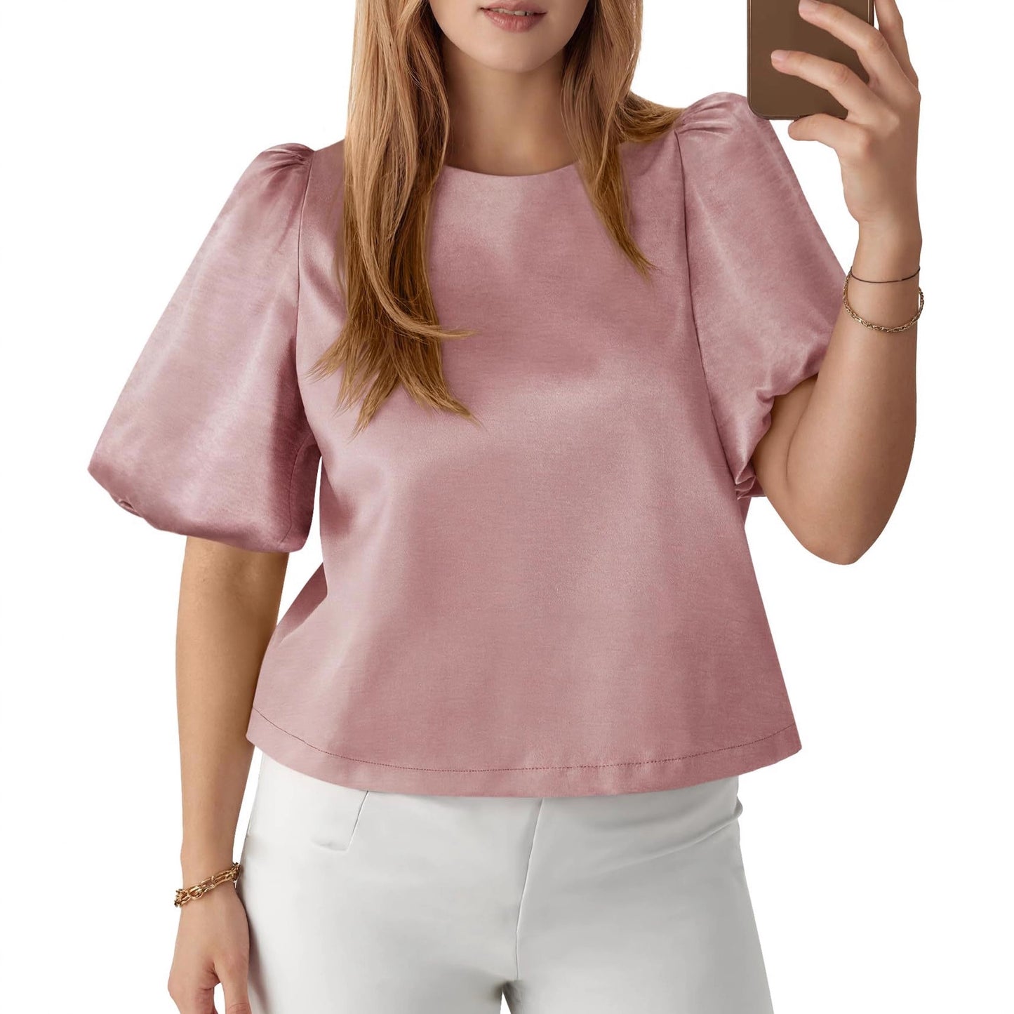 Womens Round-neck Satin Puffed-sleeve Pullover Doll Shirt Top