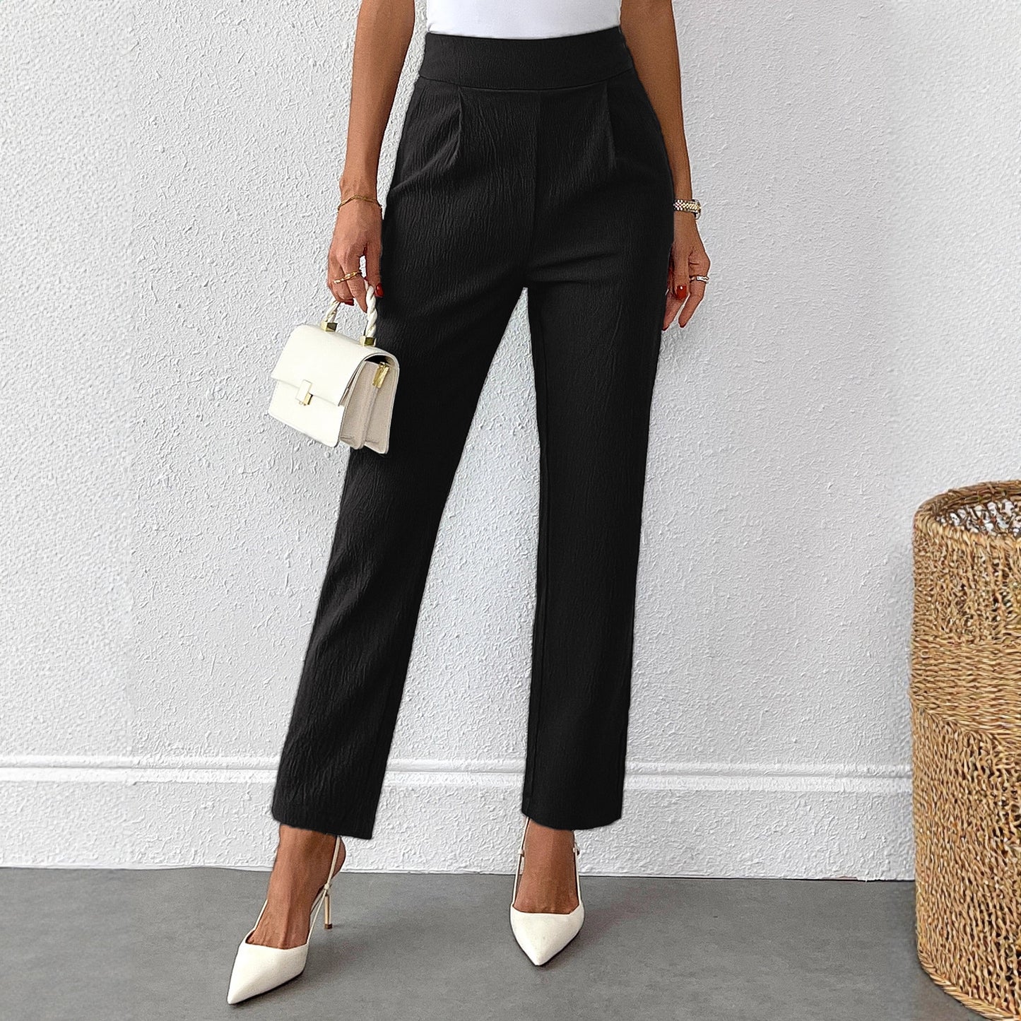 Casual Solid-color High-waisted Straight-leg Pants