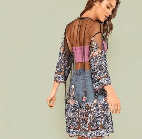 varm ny tung broderi tredimensionel blomster perspektiv blonde lang cardigan solcreme sjal
