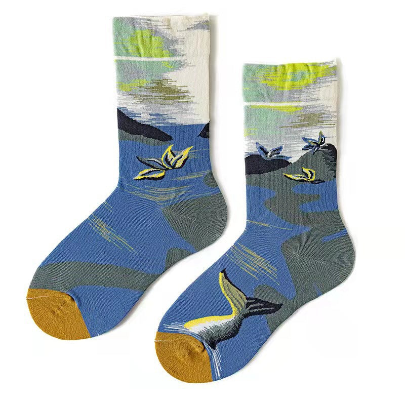 Trendy Mid-calf Length Socks Preppy Style Stockings Artistic Illustration Socks