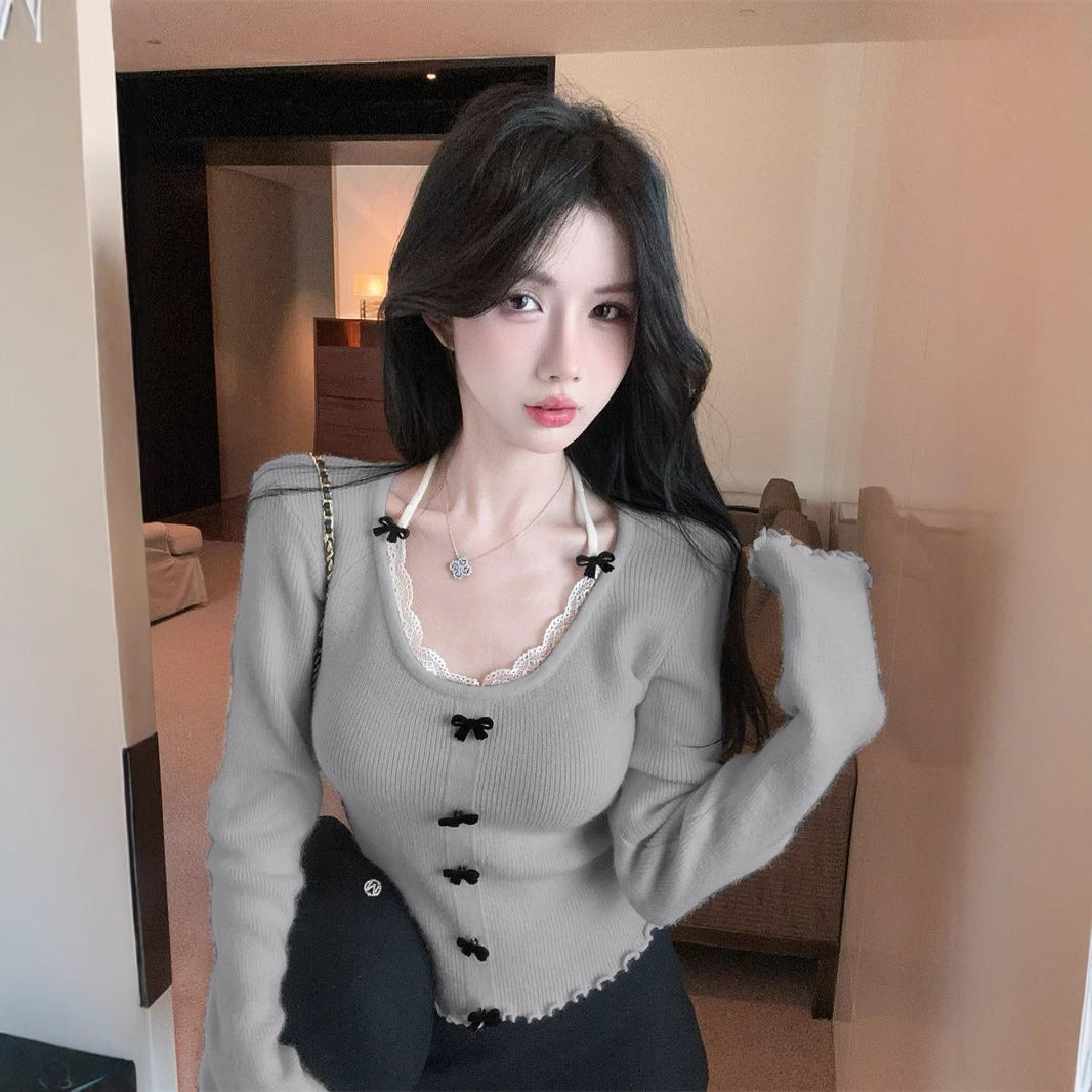 Bowknot Knitted Sweater Women's Autumn And Winter Pure Desire Halter Top