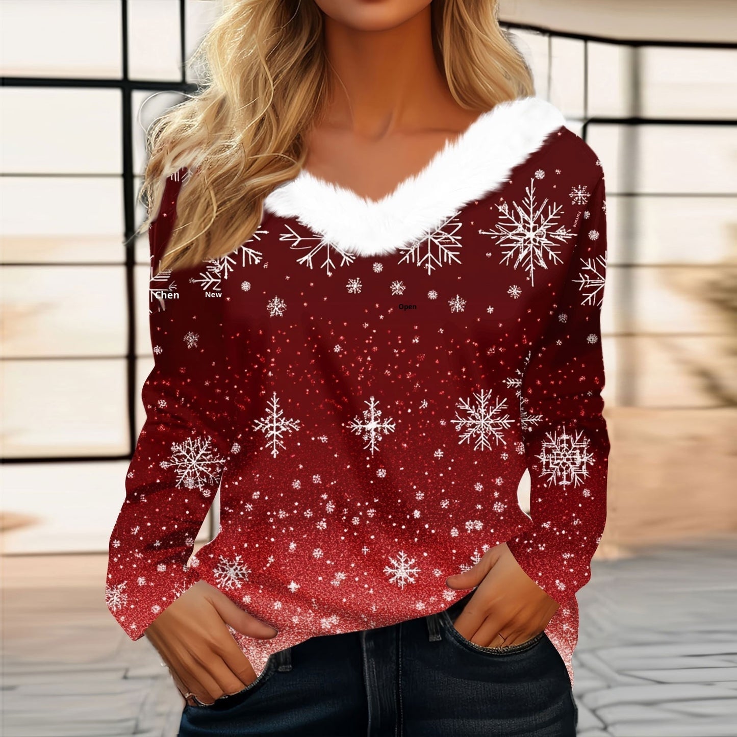 Women's Long Sleeve Christmas Print Party Furry Collar V-Neck Top