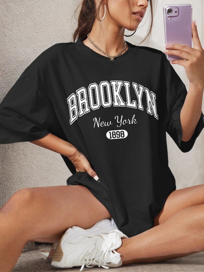 Printet T-shirt til kvinder med sænkede skuldre, sommer, mode, afslappet, kvindetop, "Idle Style"