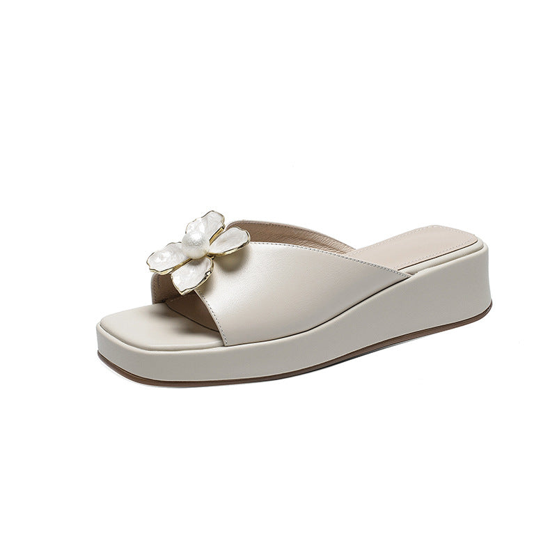 Summer Square Toe Mid-heel Sandals Thick-soled Three-dimensional Flower Women's Shoes
