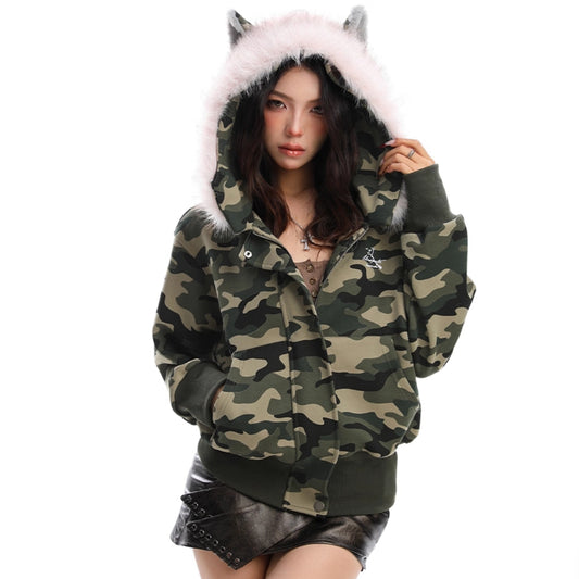 Camouflage Aftagelig Plysset Krave Hættetrøje Dame Cardigan Kort Frakke