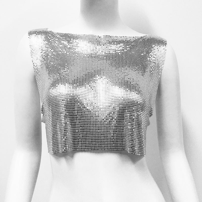Summer Fashion Womens Metallic Halterneck T-shirt From Europe And The US
