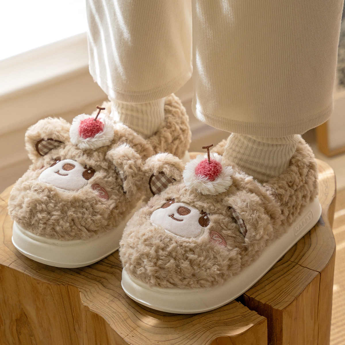 Women's Platform Heel Covered Plush Warm Cherry Bear Cotton Slippers