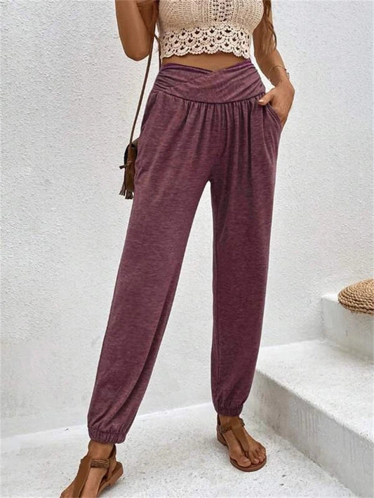 Casual Loose Pocket High Waist Ankle-tied Trousers For Women