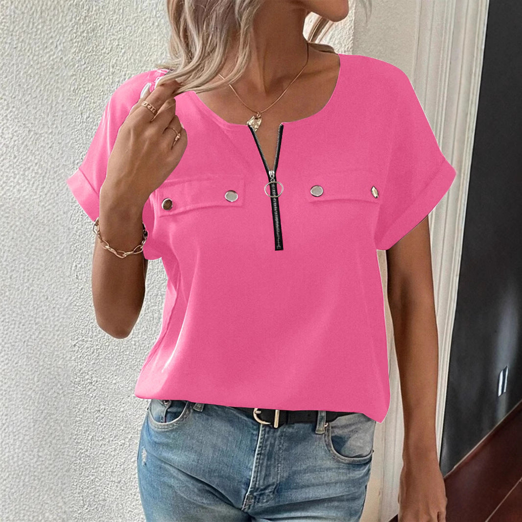 Womens Zipper-Button Top Fashionable Casual T-Shirt For Women