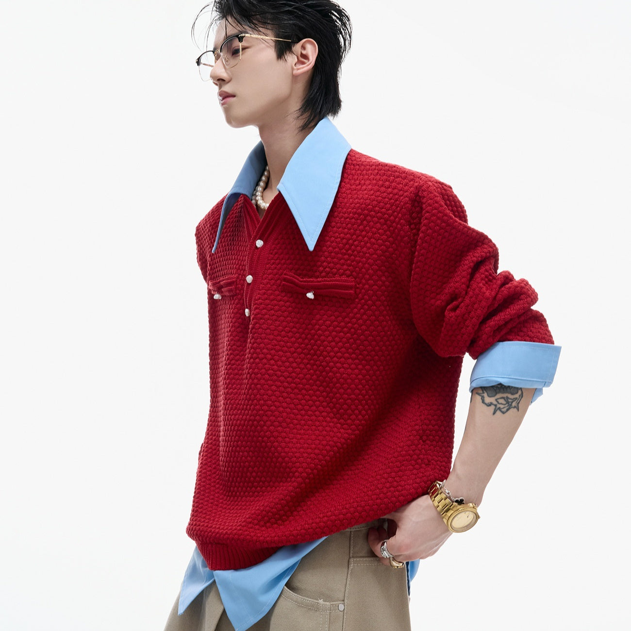 Niche Textured Faux Two-piece Shirt With A Bold Color-block Design