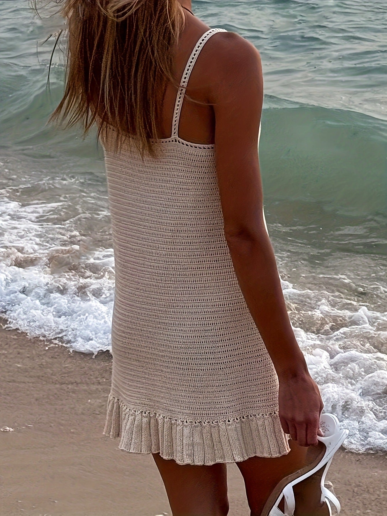 Solid-color Minimalist Knit Slip Dress With Ruffled Hem