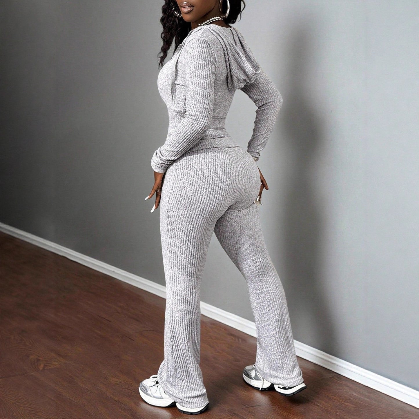 Knitted Ribbed Two-piece Full-length Pants Set