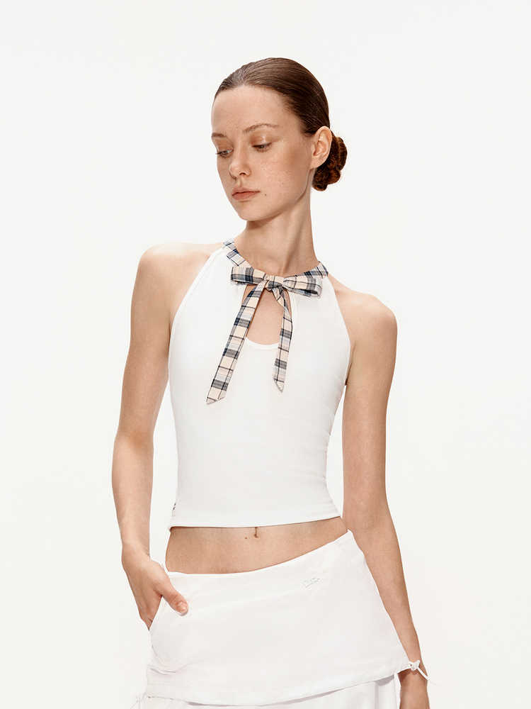 Patchwork Plaid Bow Bandage Halterneck Vest Top