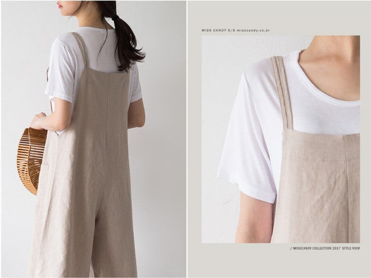 New Loose Casual Wide Leg Cotton Hemp Sling Jumpsuit
