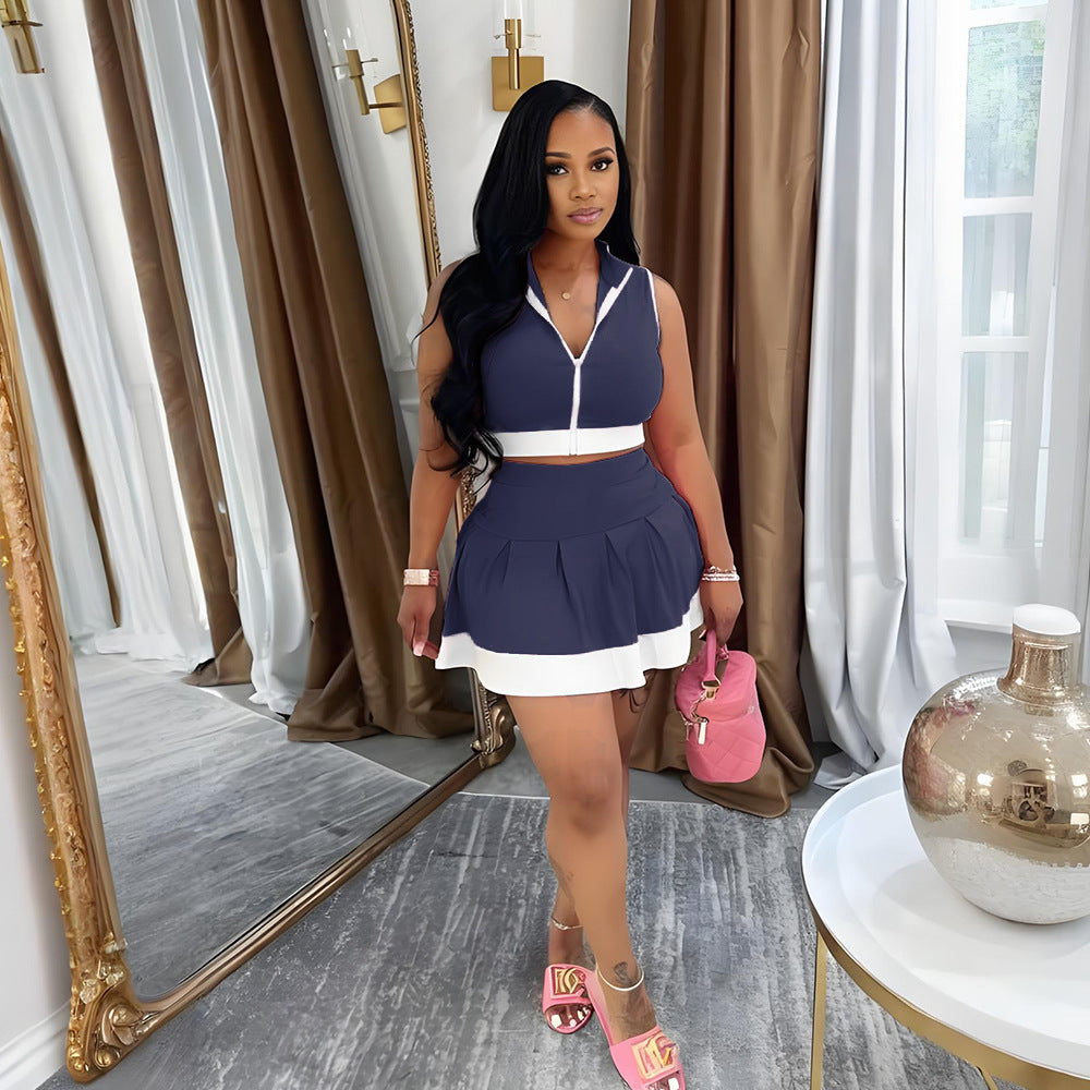 European And American New Sleeveless Zipper Top With Skirt Outfit