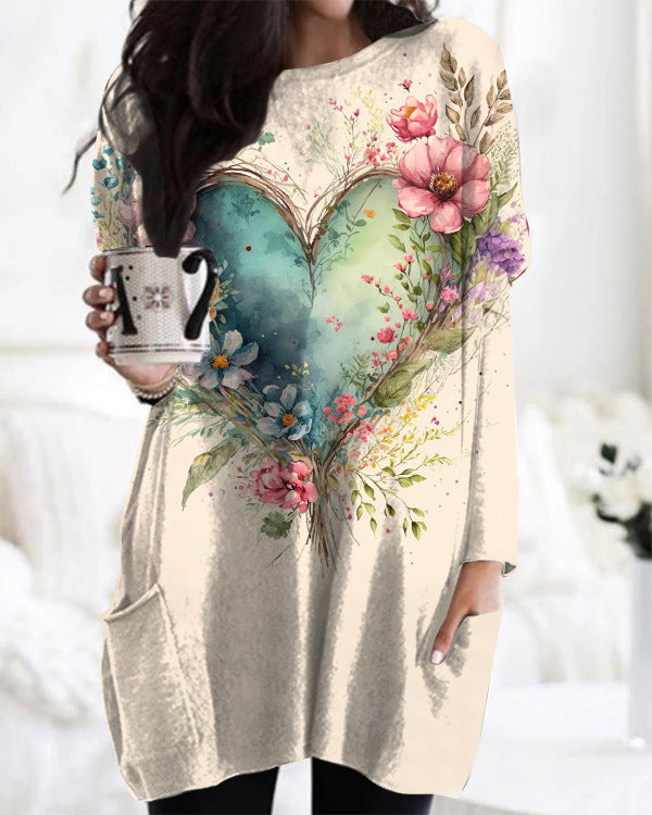 Picasso-style Casual Mid-length Loose-fitting Womens Dress With A Crew Neck
