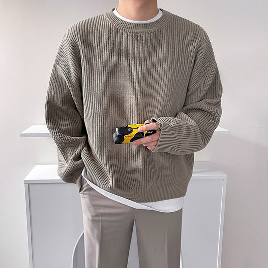 Rundhalset Løs Alsidig Ensfarvet Sweater til Mænd