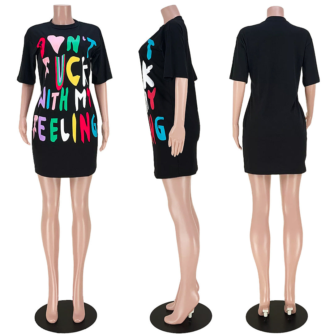 Women's Fashion Multicolor Letter T-Shirt Dress