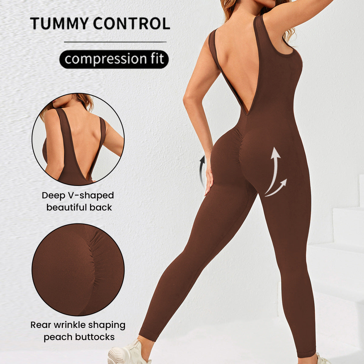 Seamless Deep V-Neck Butt-Lifting Back-Slimming Yoga Fitness Jumpsuit