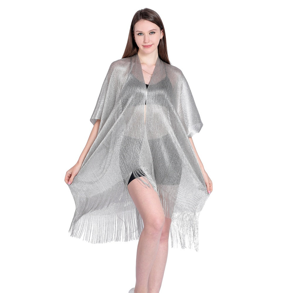 Gold And Silver Ribbon Sleeve Split Shawl Holiday Bikini Blouse Sunscreen Clothes
