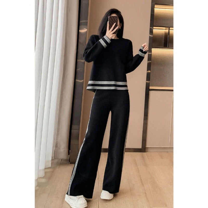 New Springautumn Womens Fashion Plus-size Wide-leg Pants Two-piece Set