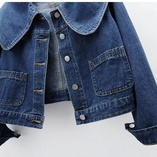 Retro Peter Pan Collar Short Denim Coat For Women