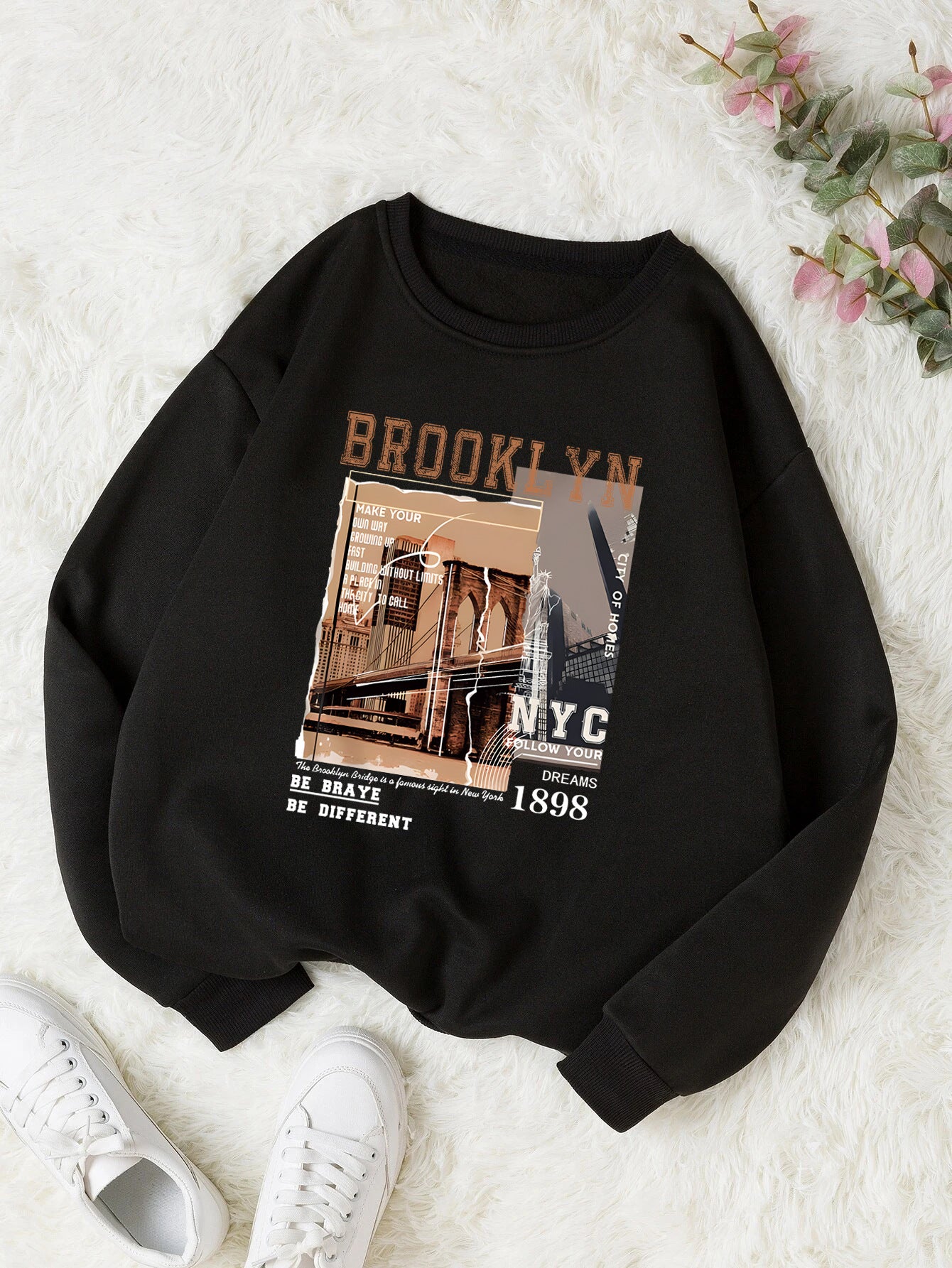 Women's Print Thermal Lined Crew Neck Loose Pullover Long Sl