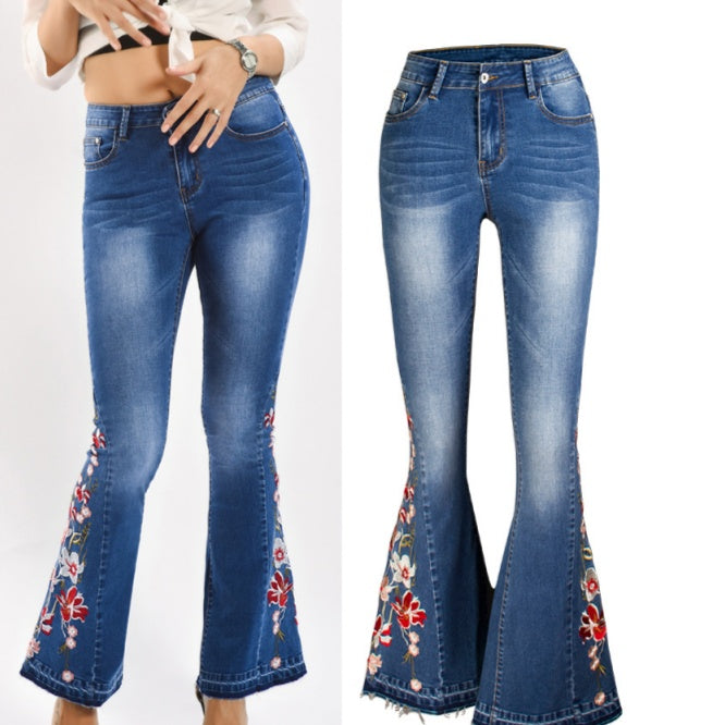 Machine Embroidery Denim Women's Autumn Denim Wide Leg Trousers 3D