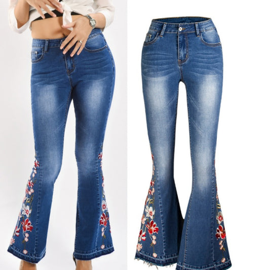 Machine Embroidery Denim Women's Autumn Denim Wide Leg Trousers 3D