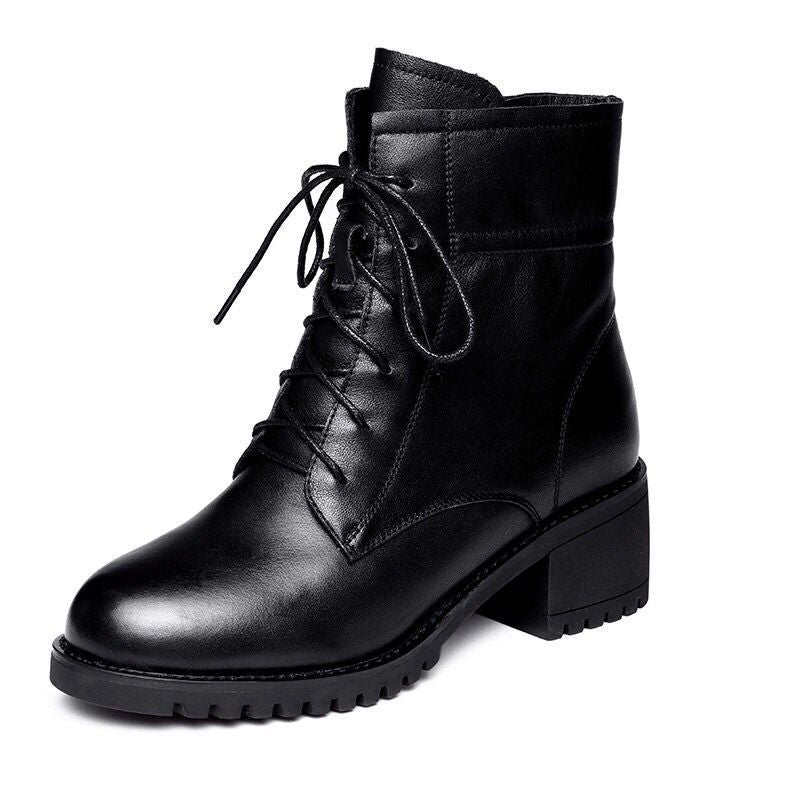 Soft Leather And Velvet British Style Thick Heel Short Boots All-match