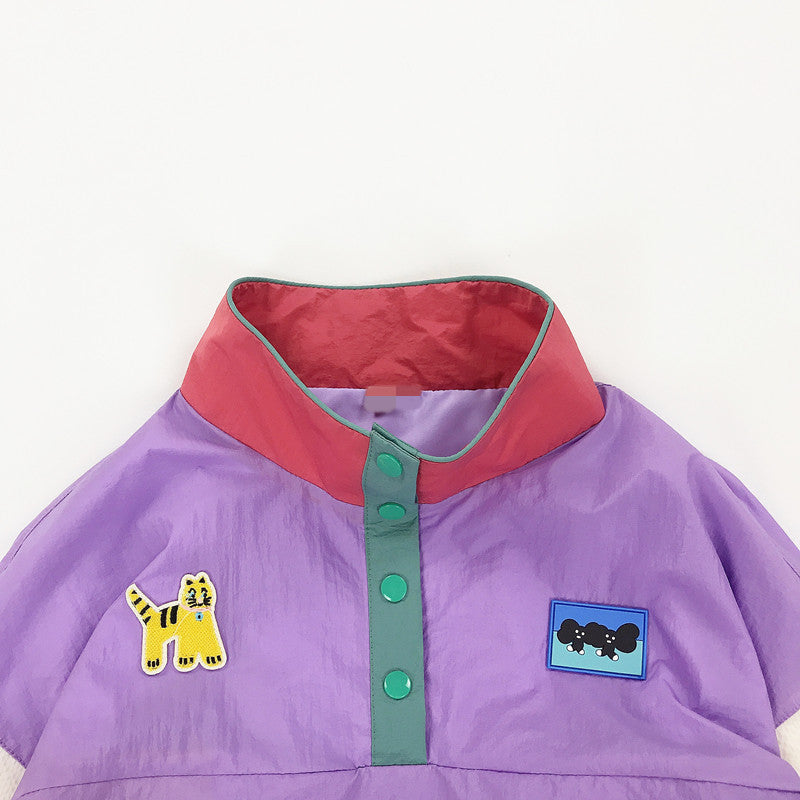 Strange Girl Design Sense Color Matching Little Lion Patch Stand Collar Pullover Jacket