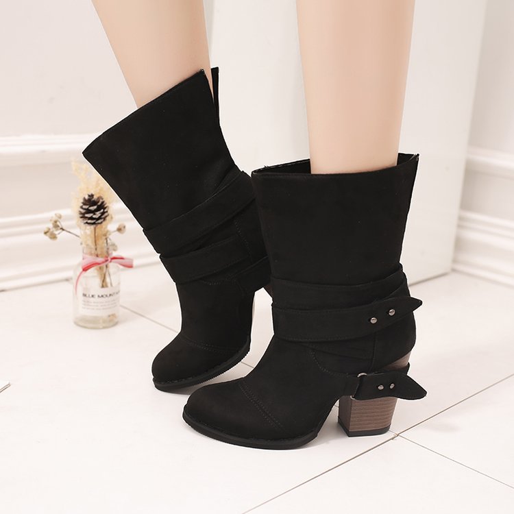 Large Size Thick Heel Belt Buckle Middle Tube Women's Boots