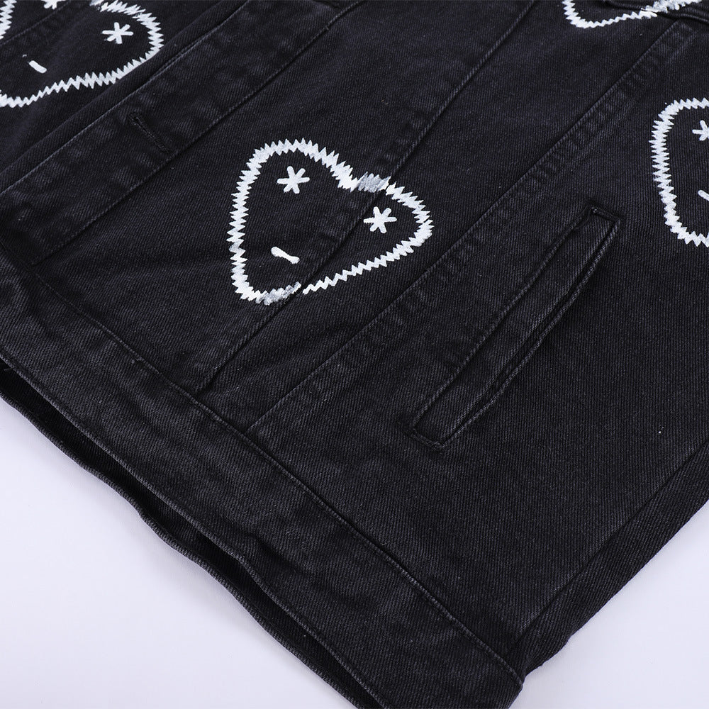 Love Full Printed Denim Clothing Loose Dimensional Patch Pocket Turn-down Collar Coat