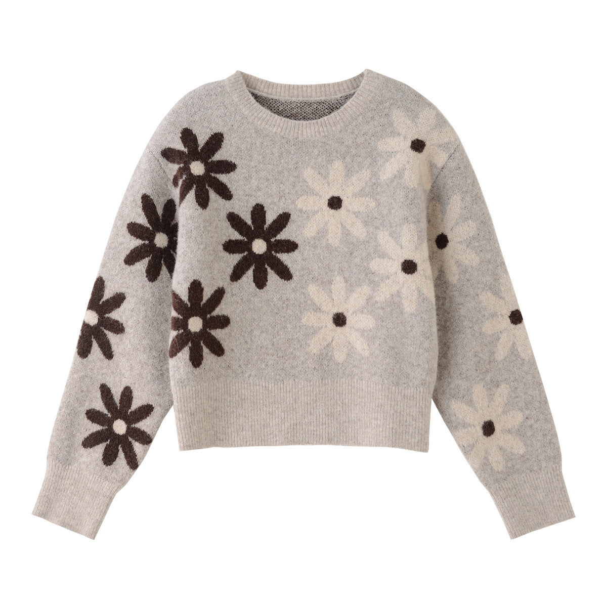 French Style Color-contrasting Pattern Round Neck Wool Sweater