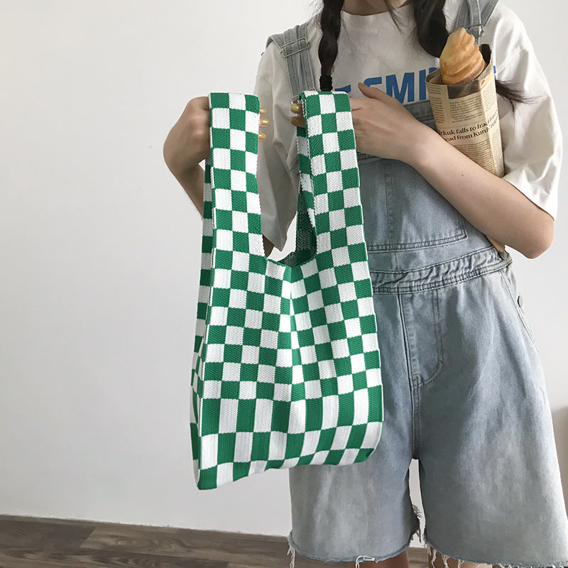 Checked Knitted Handbag With Convenient Hand Bag