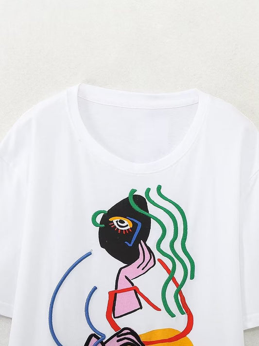 Dame T-shirt med rund hals og korte ærmer i farve- og printkontrast