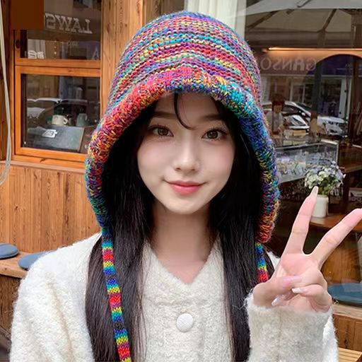 AutumnWinter Rainbow Striped Earflap Knit Hat
