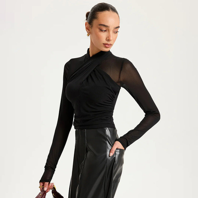 New Round-neck Cross-perspective Mesh Shirred Spliced Top