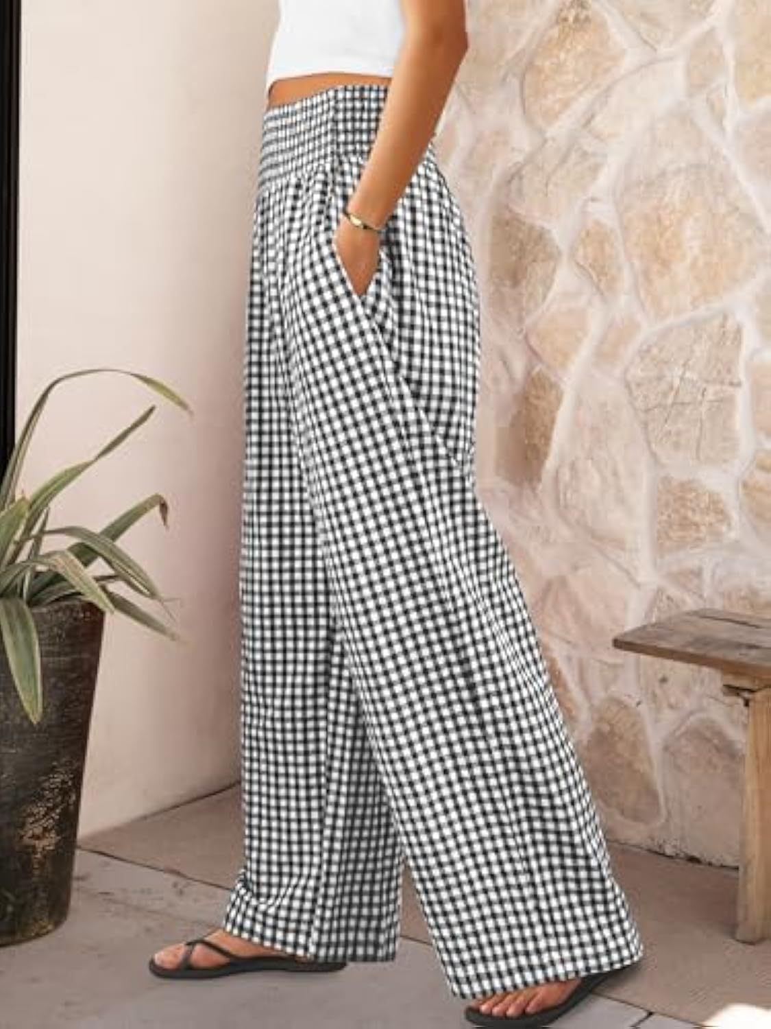 Plaid Casual Trousers Loose-fit Womens Fashion Wide-leg Pants With Pockets