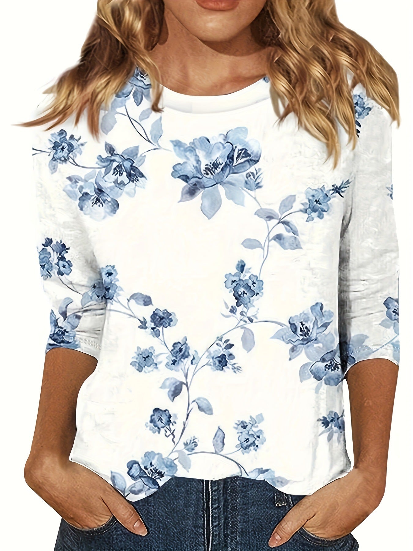 Europæisk og amerikansk blomsterprintet langærmet T-shirt med rund hals