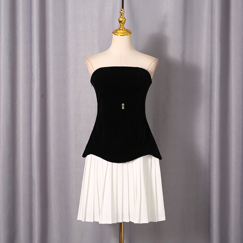 Dark Velvet Cropped Tube Top Mini Skirt