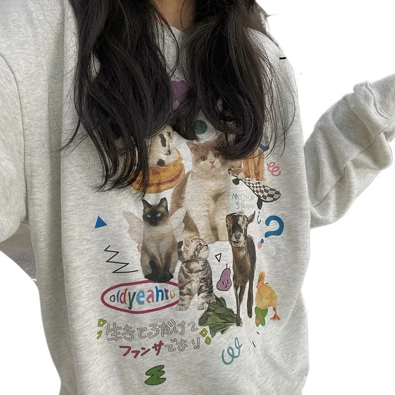 Mælk Kat Trykt Sweatshirt Efterår Vinter Langærmet Mode