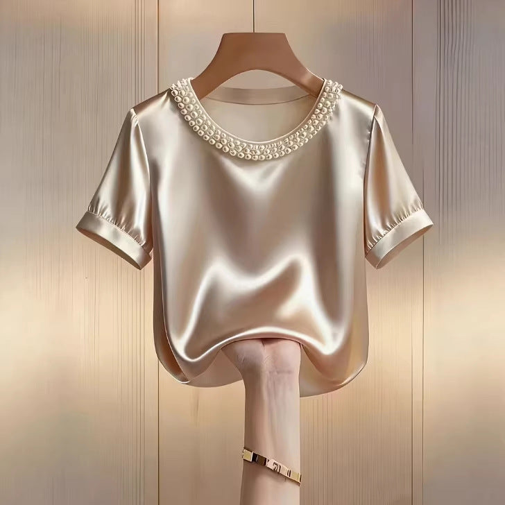 Sleek Stylish And Elegant Beaded Crew-neck Short-sleeve T-shirt